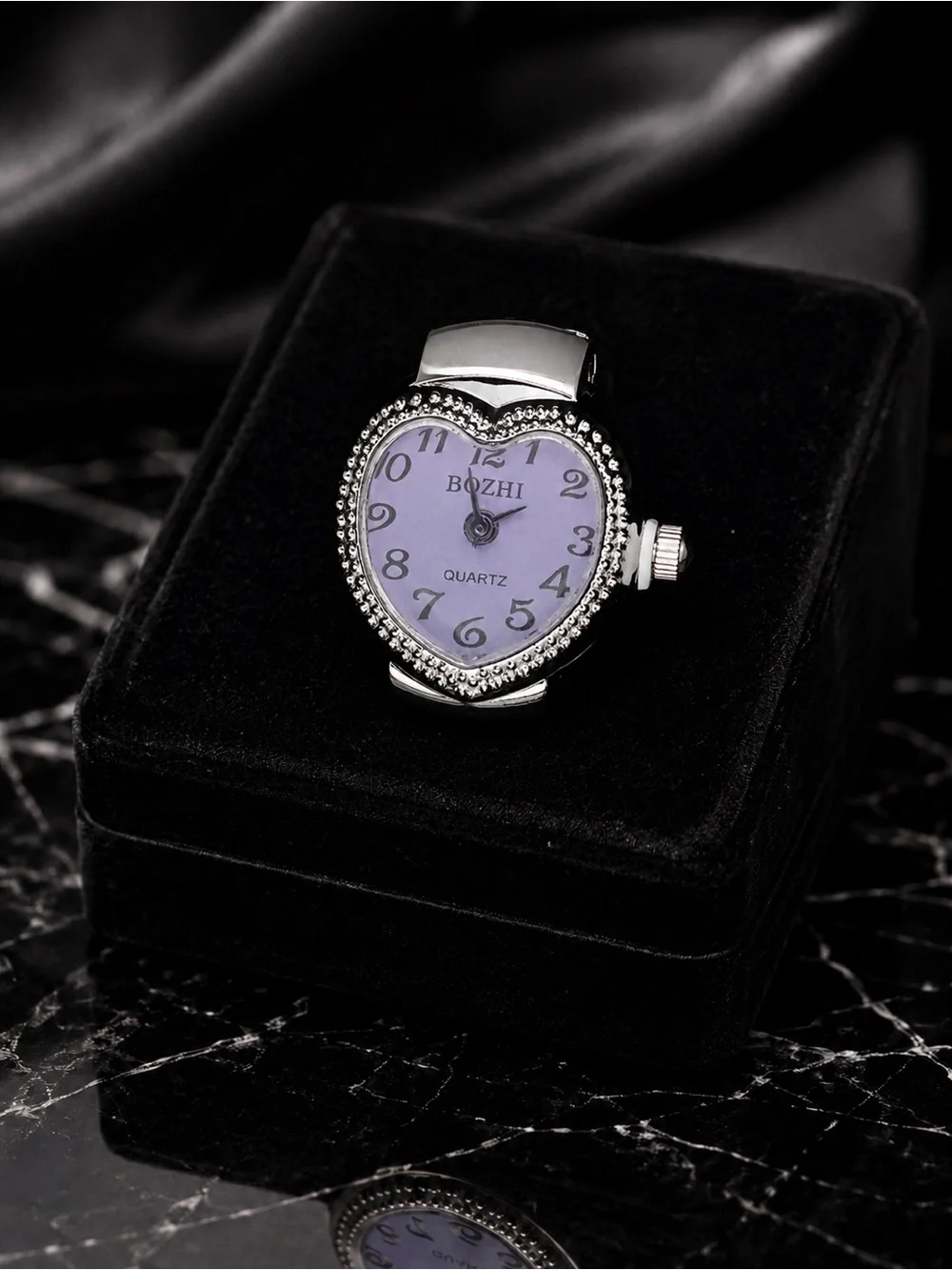 Heart-Shaped Ring Watch in Lavender and Silver